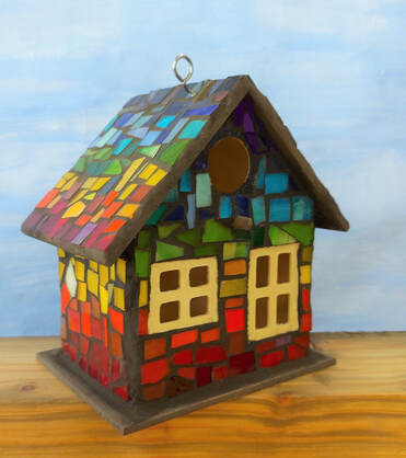 Stained glass mosaic birdhouse