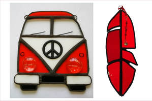 stained glass volkswagen campervan and feather